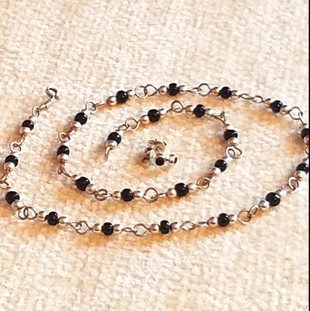 .925 Silver choker & earrings w/ black stones